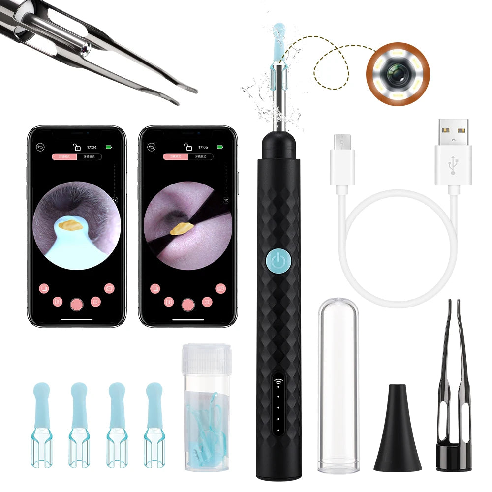 2 in 1 Visual Ear Wax Removal Tool with Camera and Tweezers 1080P HD WiFi Otoscope Reusable Ear Cleaner Kit for Kids Adults Pets Peaceful Pleasures Health and Wellness black