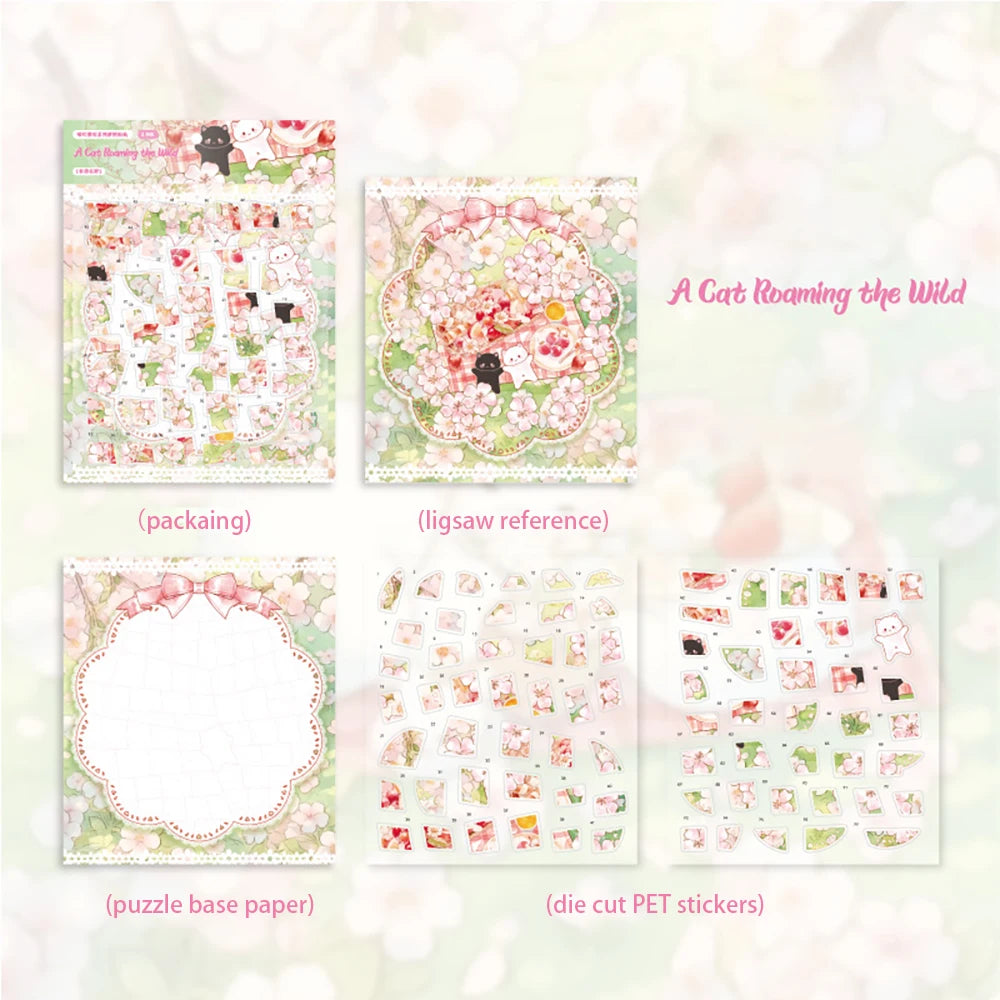Cute Cat Cherry Blossom Rain Series Puzzle Stickers Four Theme