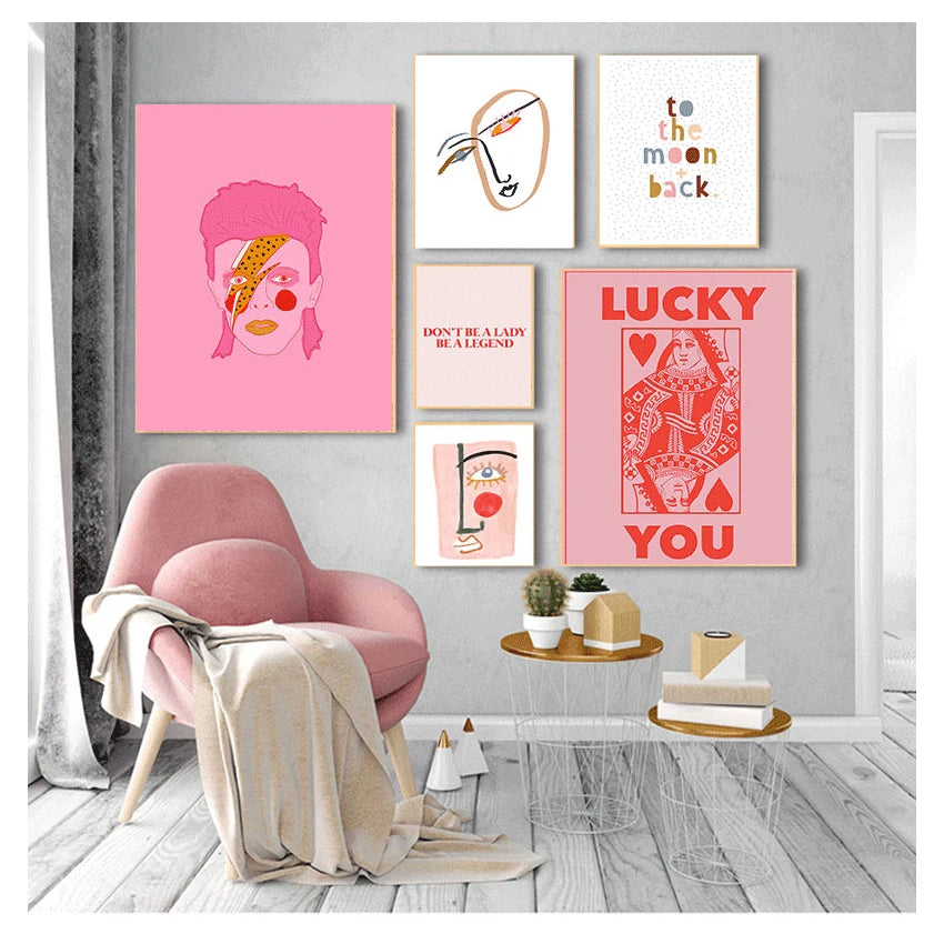 Pink Lucky You Nordic Abstract Line Face Canvas Wall Art