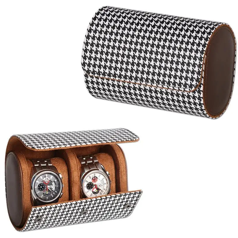 Houndstooth PU Leather Watch Roll Travel Case | 1-3 Slots