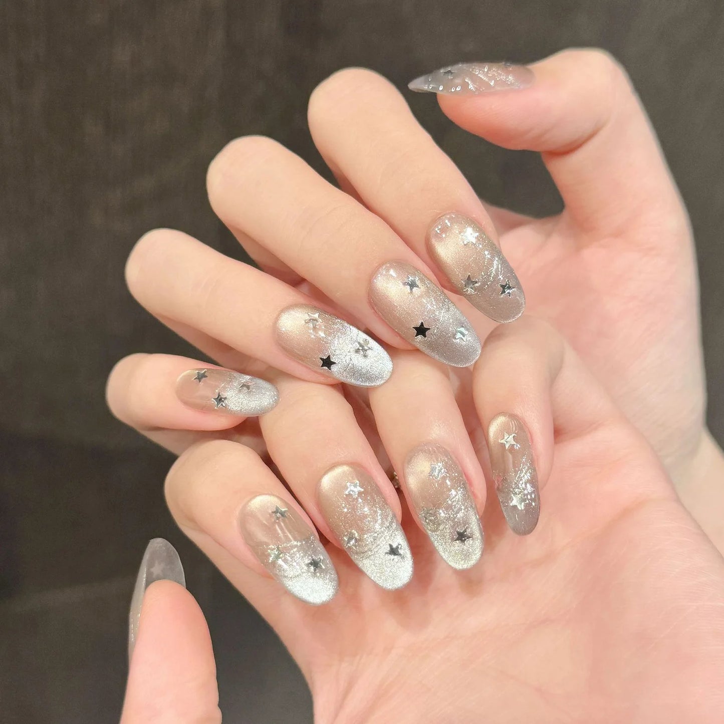 10pcs Cat's Eye Press On Nails – Autumn Brown Star & Flower Art
