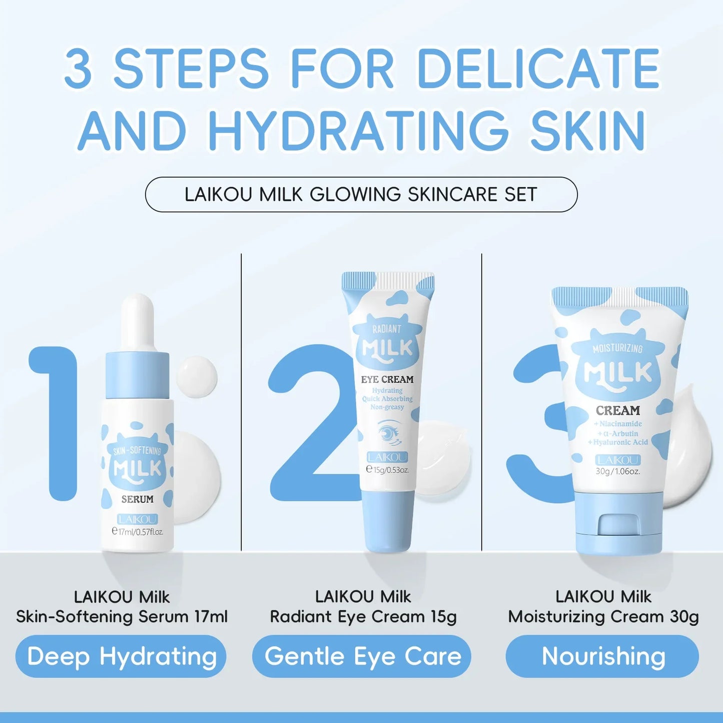 LAIKOU Milk 3-Piece Travel Skincare Set – Serum, Eye Cream & Cream