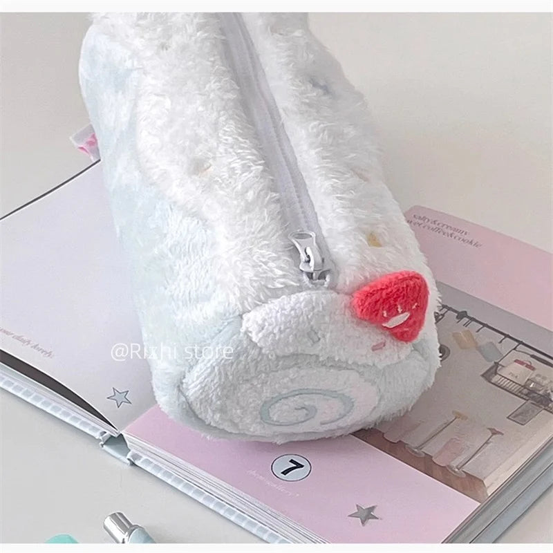 1pc Cream Swiss Roll Plush Pen Bag Cute High Beauty Student Large Capacity Desktop Stationery Box Pen Bag Peaceful Pleasures Health and Wellness