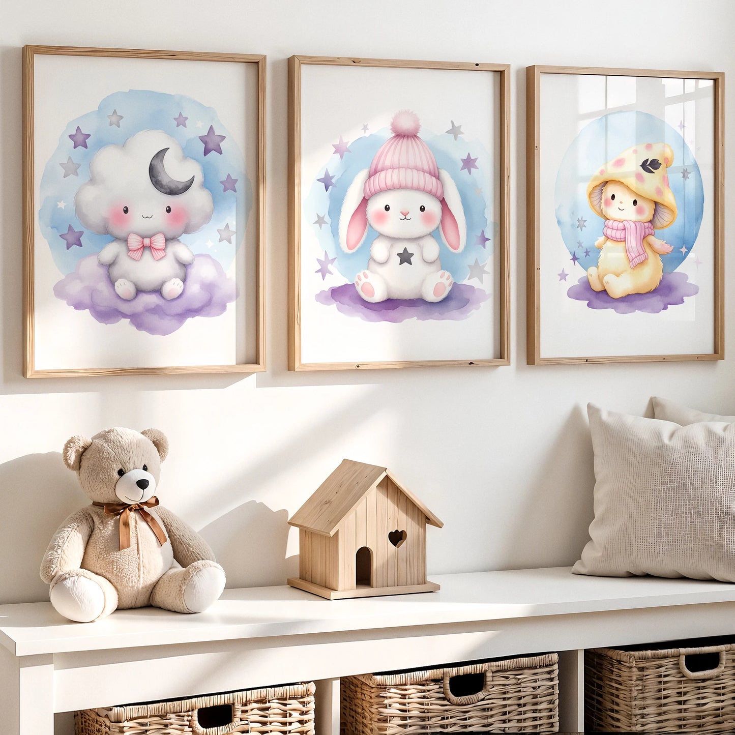 Cartoon Watercolor Purple Animal Canvas Wall Art | Kids Room