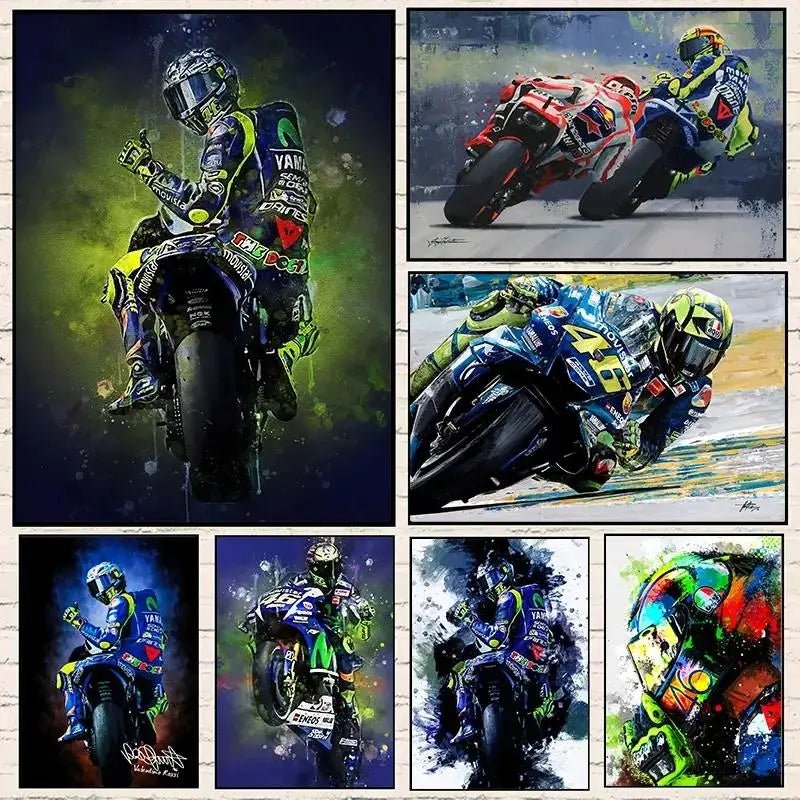 Valentino Rossi Watercolor Motorcycle Racer HD Canvas Print, Motorbike Racing Wall Art Poster for Home Decor Peaceful Pleasures Health and Wellness