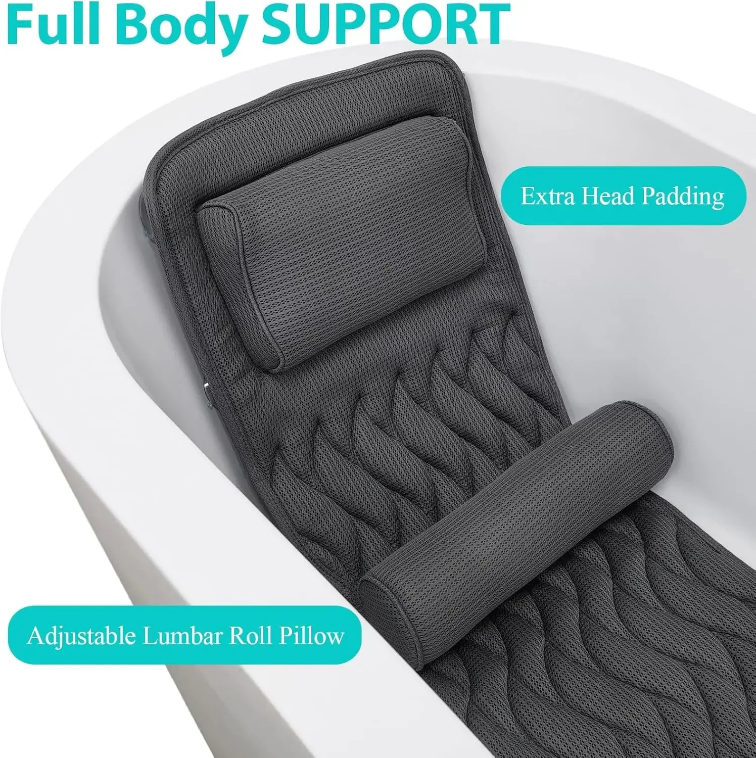 Full Body Bath Pillow with Adjustable Lumbar Support, 14 Suction Cups, Air Mesh Cushion for Any Tub - Gray Peaceful Pleasures Health and Wellness
