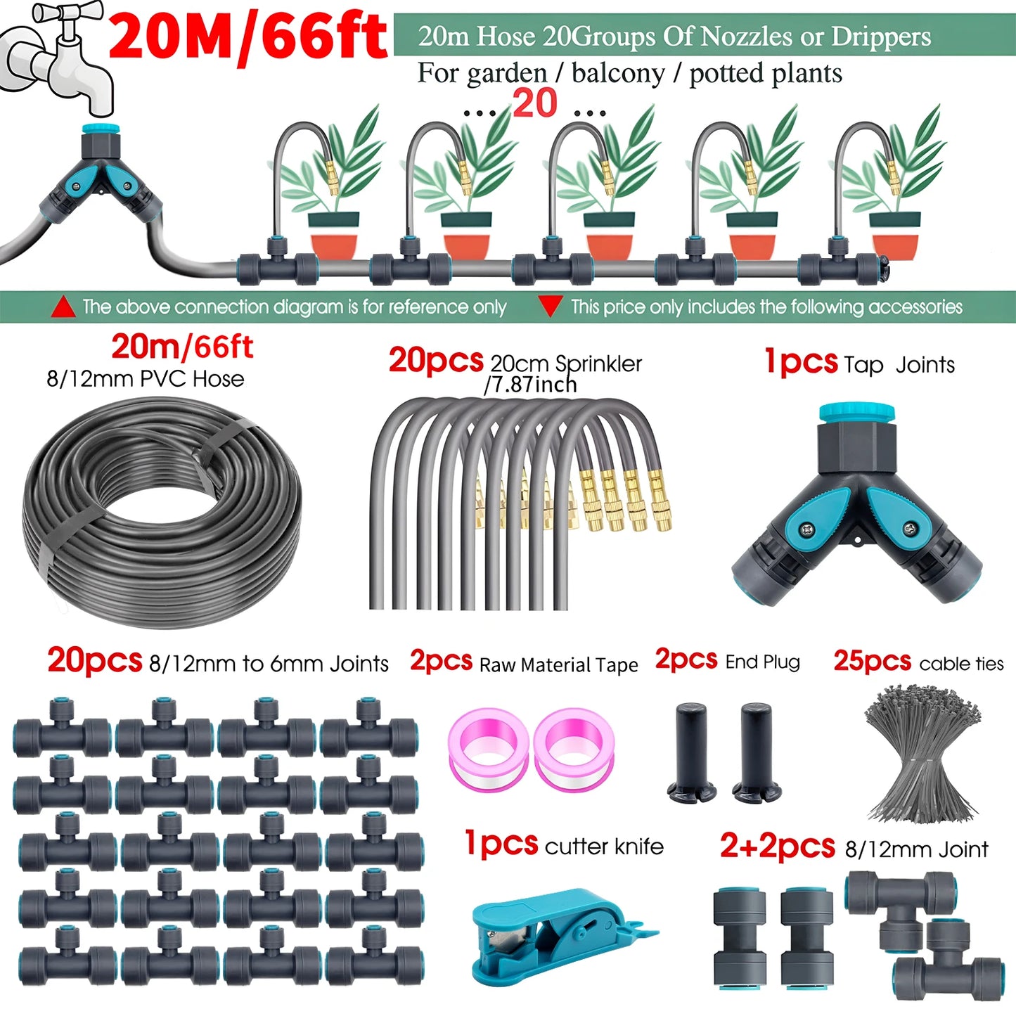 Flexible Brass Adjustable Spray Kit Gray 3/8"PE Hose Quick Connect Fogging Cooling Dedusting Watering System for Garden Peaceful Pleasures Health and Wellness 20m Kit
