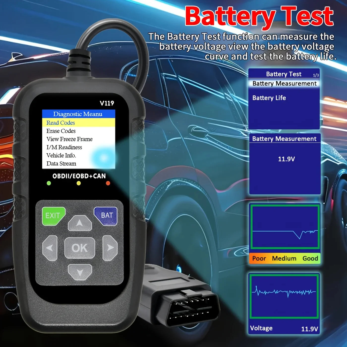 OBD2 Diagnostic Tool V119 – Engine Fault Code Reader (1996+) Peaceful Pleasures Health and Wellness