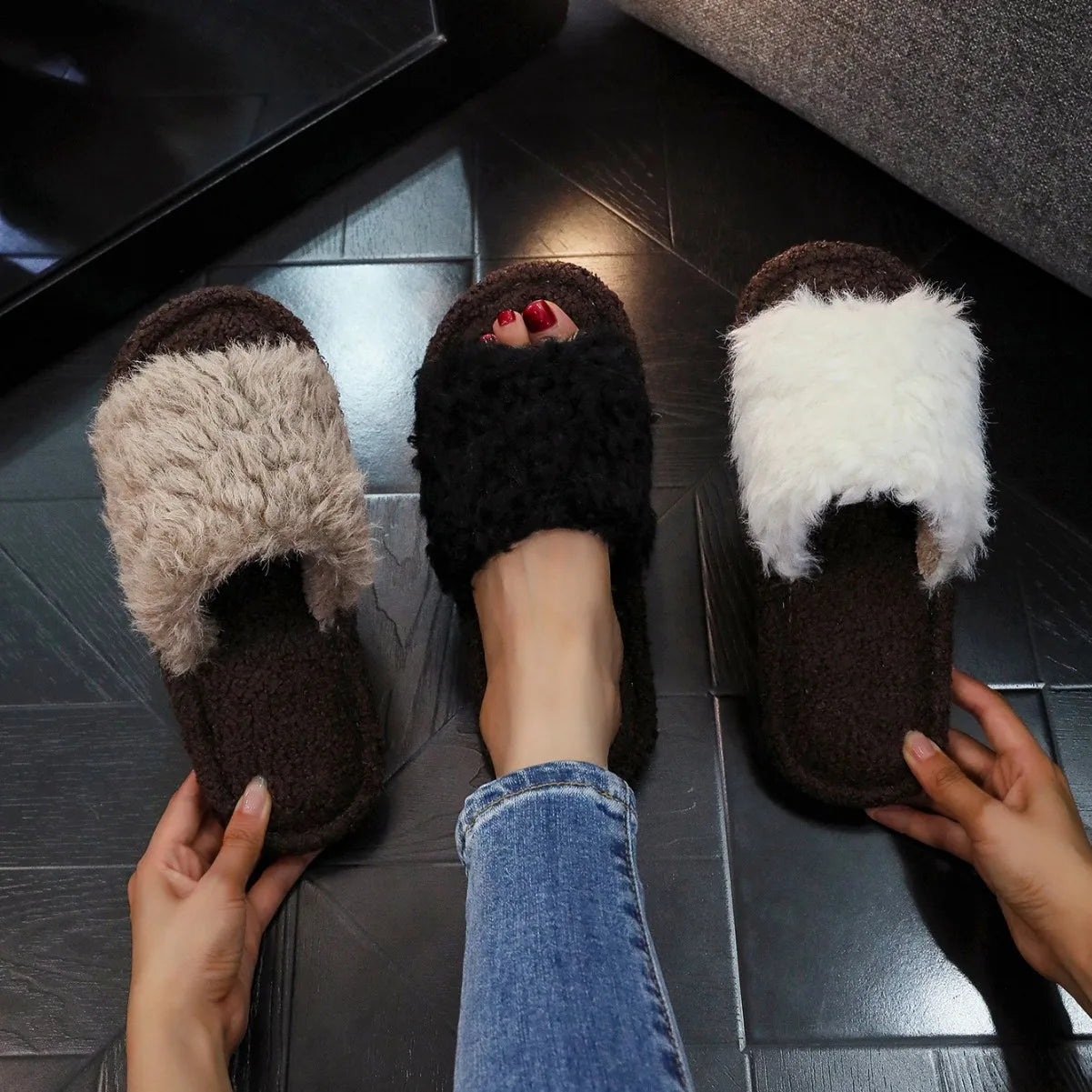 Women's Plush Open Toe Indoor Slippers | Warm Soft Sole Slides