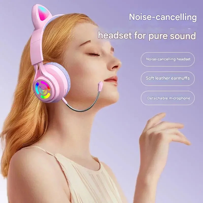 RGB Lighting Headphone For PC Computer iPad Cat Ear Gaming Headset Noise Reduction Headphones With Microphone Children Gift Peaceful Pleasures Health and Wellness