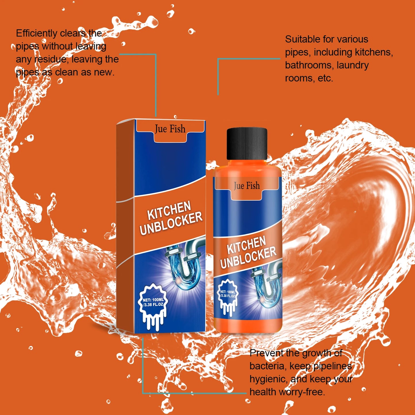 Jue-Fish 100ml Powerful Drain Unblocker | Sink, Pipe & Toilet
