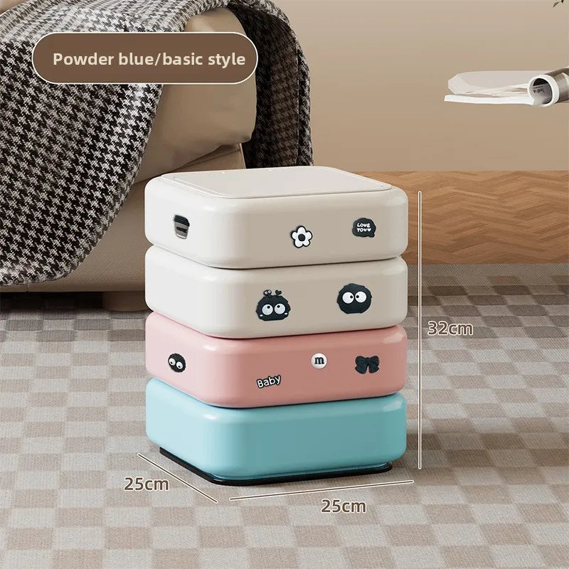 Cartoon Trash Bin with Lid Large Capacity Multi-Functional Mobile Wastebasket Modern Household Storage Organizer Wheels Peaceful Pleasures Health and Wellness Blue with Stickers