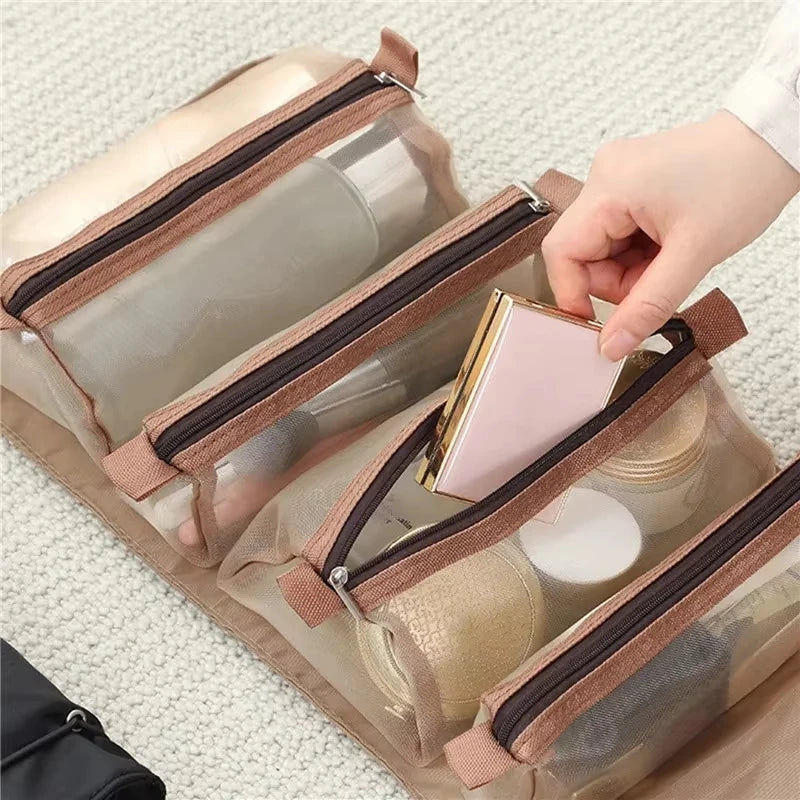 Large capacity makeup storage bag with 4 detachable compartments and foldable hanging makeup bag with hanging ring Peaceful Pleasures Health and Wellness