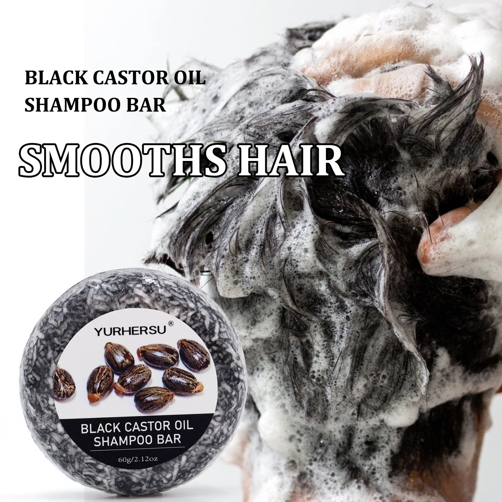 60g Black Castor Shampoo Bar 2-in-1 Shampoo and Conditioner, made with castor extract, nourishes and cares for all hair types. Peaceful Pleasures Health and Wellness