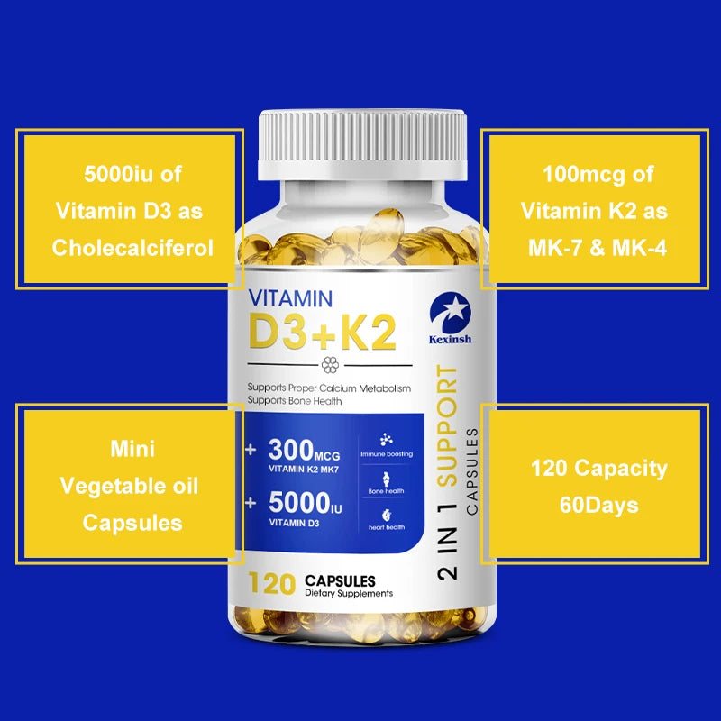 Kexinsh Vitamin D3K2 Capsules 5000iu Vitamin D3 300mcg K2 Support Teeth Bone Heart Health Joint Health Peaceful Pleasures Health and Wellness