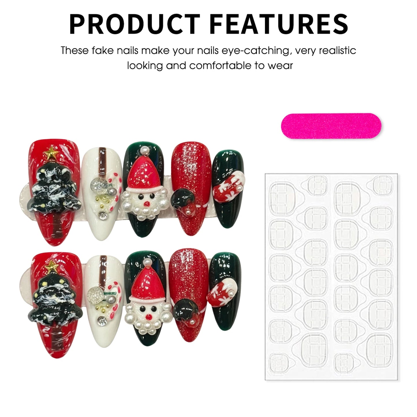 Christmas Press On Nails | Pearl Glitter Almond 3D Fake Nails 10PCS