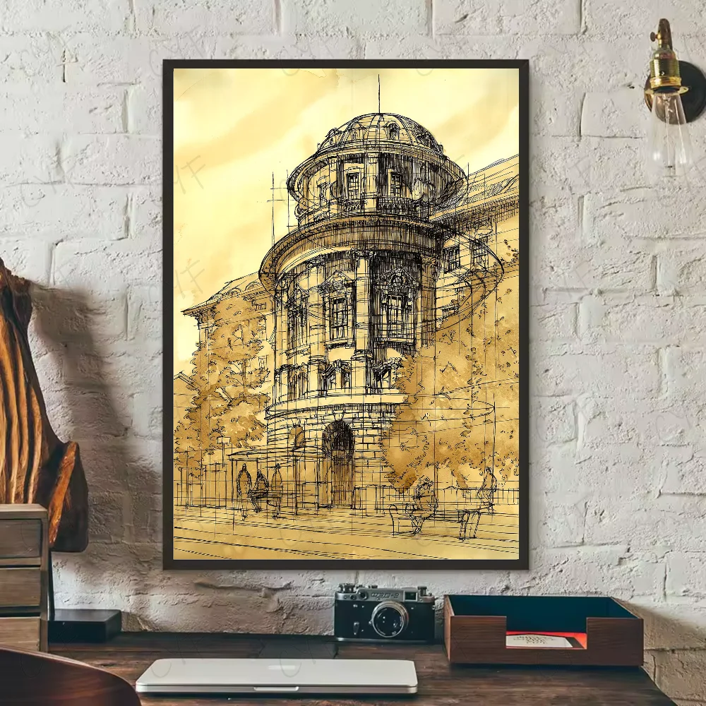Vintage Architecture Drawings Wall Poster | Waterproof PVC Art Wall Art Poster Peaceful Pleasures Health and Wellness z12 40X50cmNoframe