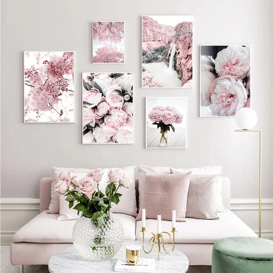HD Canvas Wall Art for Living Room Cherry Blossoms Peony Carnation Flower Nordic Mountain Modern Pink Color Poster Home Decor Peaceful Pleasures Health and Wellness
