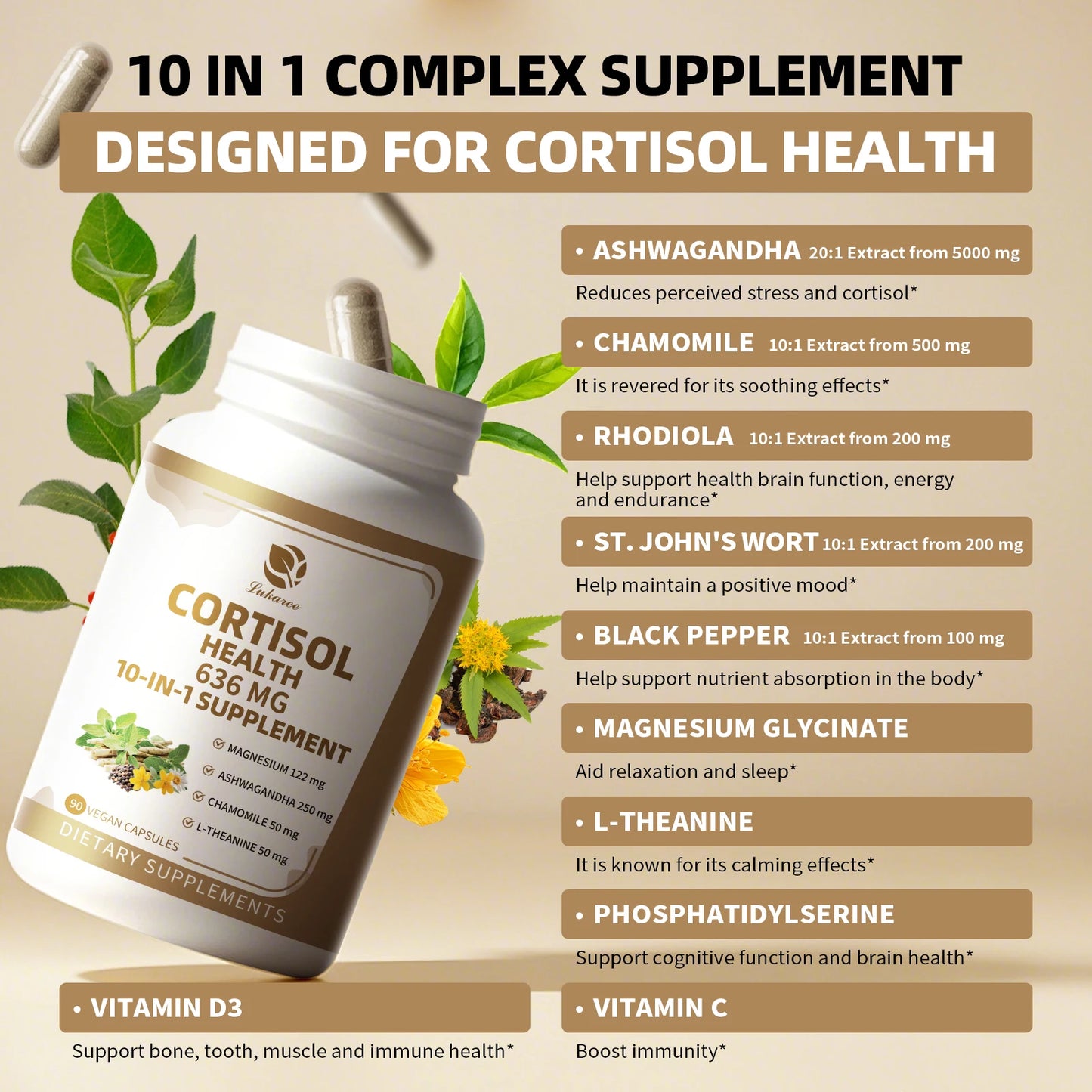 Lukaree 10-in-1 Cortisol Balance Capsules – Stress, Sleep & Cognitive Support Dietary Supplement Peaceful Pleasures Health and Wellness