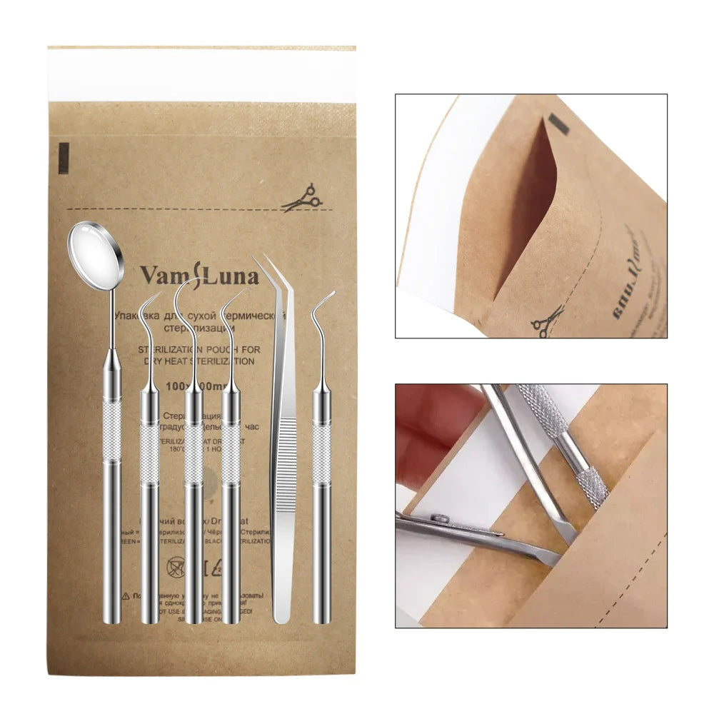 100-Pack Self-Sealing Kraft Sterilization Pouches 100x200mm