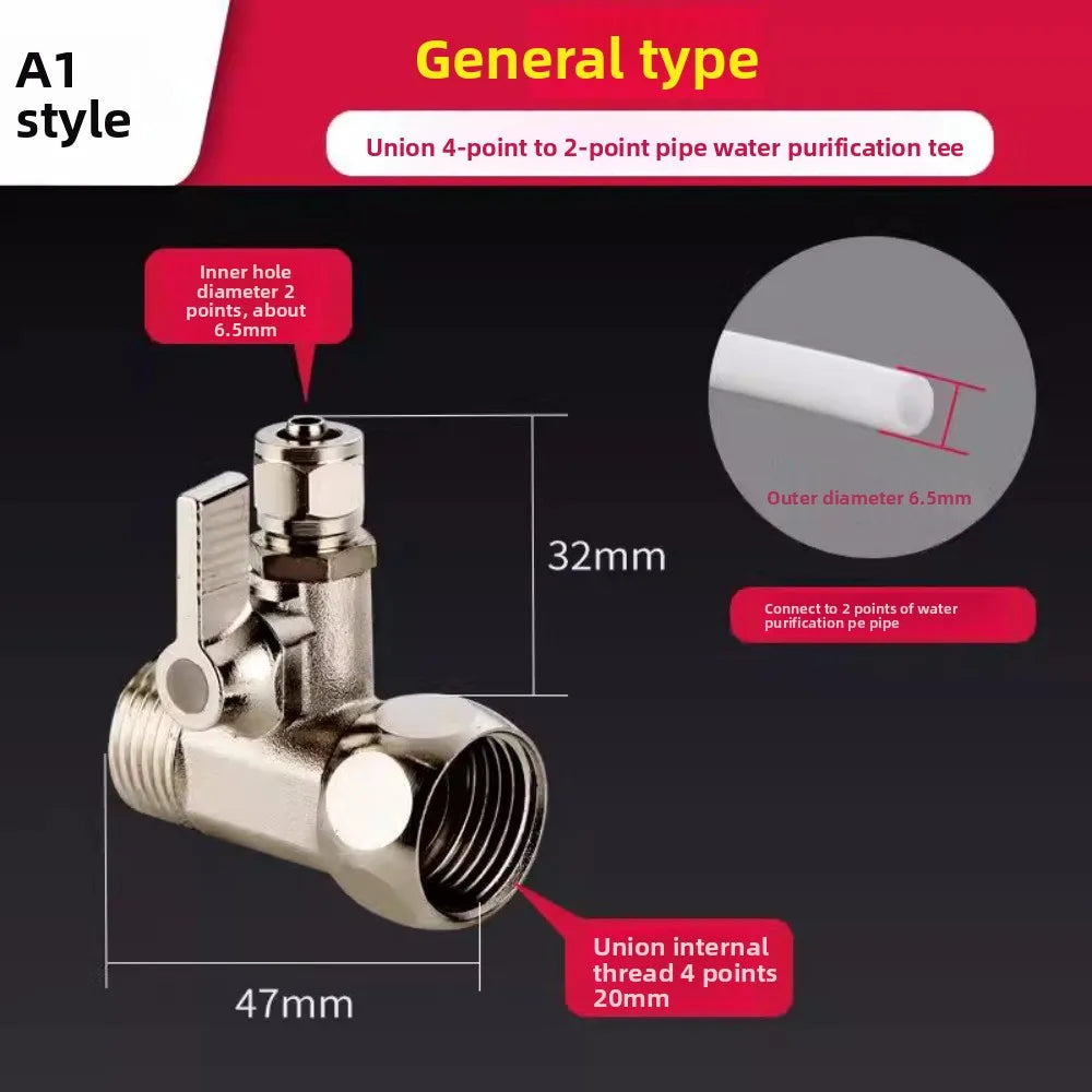 RO Feed Water Adapter 1/2" to 1/4" with Shut-Off Ball Valve Tee