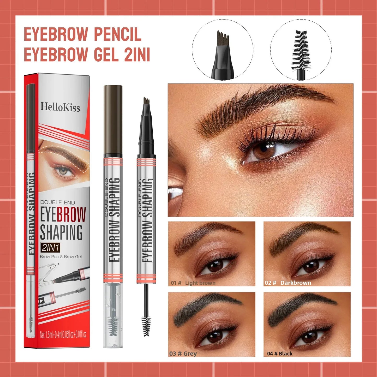 Hello Kiss 2-in-1 Waterproof Liquid Eyebrow Pencil – 4-Tip