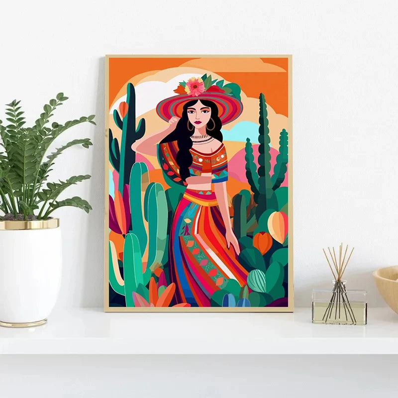 Latina Woman Floral Canvas Wall Art | Ethnic Maximalist Print
