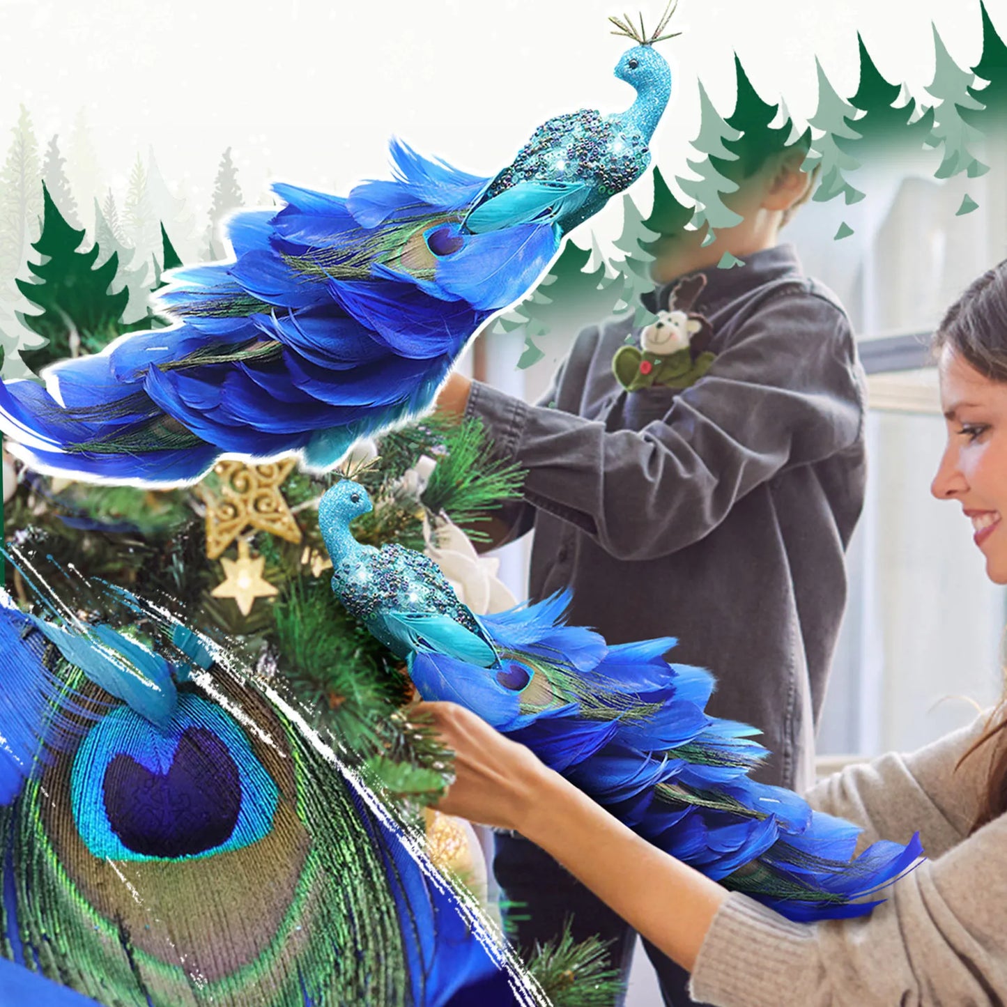 Glitter Blue Peacock Christmas Ornament with Real Tail Feather