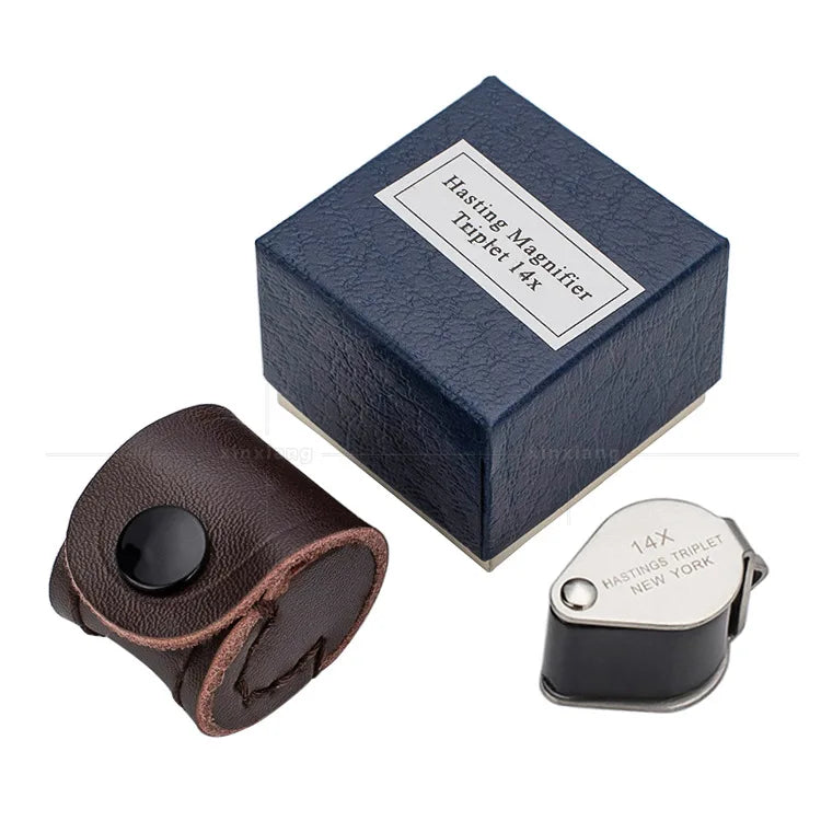 14X Magnifier 12Mm All Metal Folding Diamond Jade Antique Appraisal High-Power Magnifying Glass with Leather Cover Peaceful Pleasures Health and Wellness