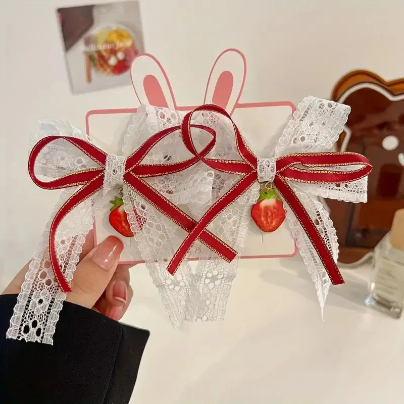Lace Bow Strawberry Hair Clips – Set of 2 Cute Barrettes Hair Accessories Peaceful Pleasures Health and Wellness