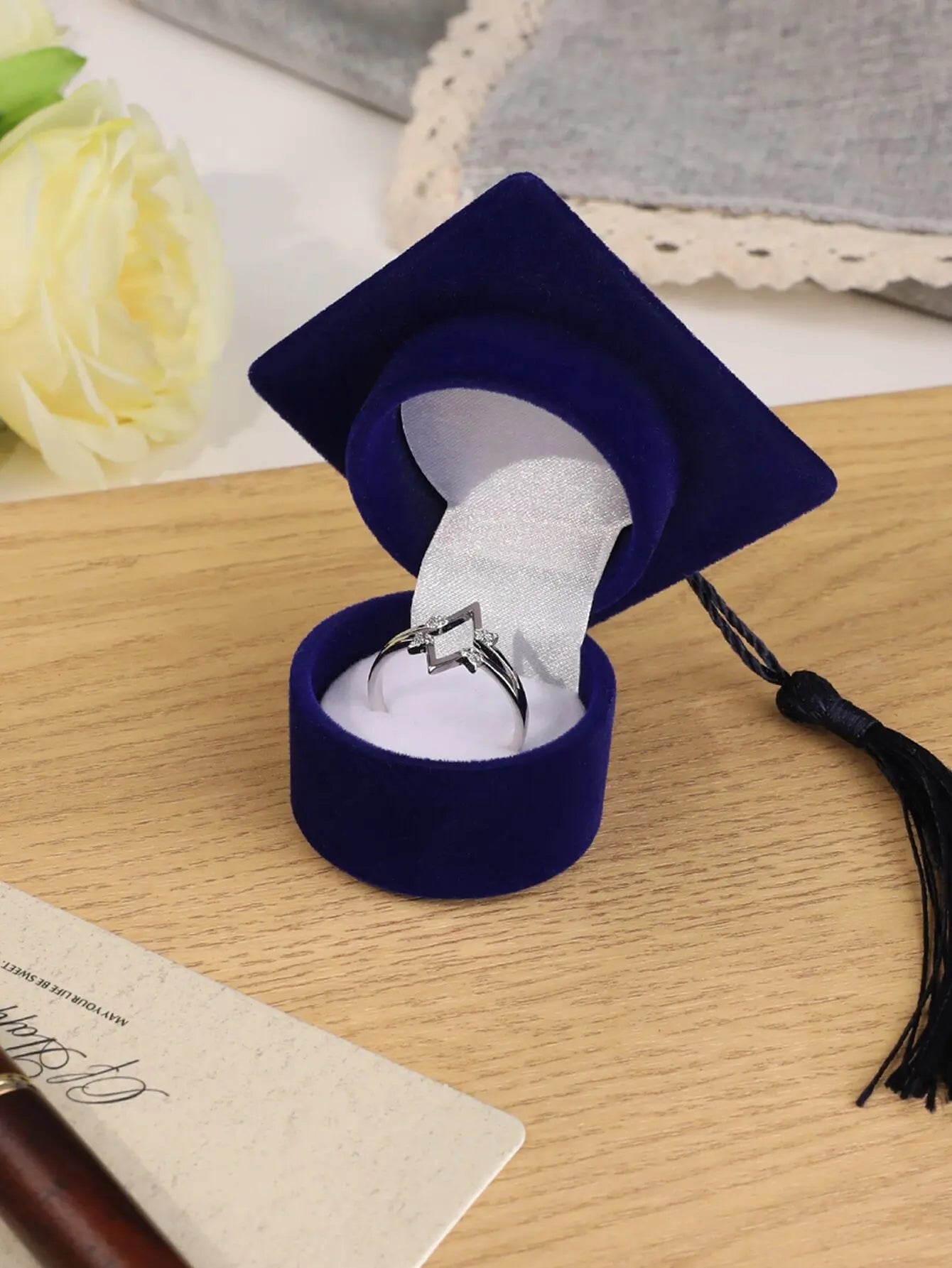 Custom Graduation Cap Ring Box Personalized Name Date Black Velvet Graduate Hat Jewelry Gift Box for High School College Peaceful Pleasures Health and Wellness