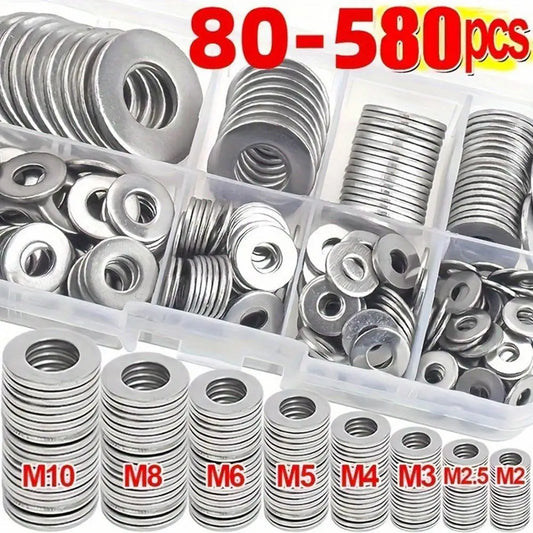 80-580Pcs Stainless Steel Flat Washers Set Seal Screw Gasket Rings Assortment Kit M2 M2.5 M3 M4 M5 M6 M8 M10 Spring Lock Washers Peaceful Pleasures Health and Wellness
