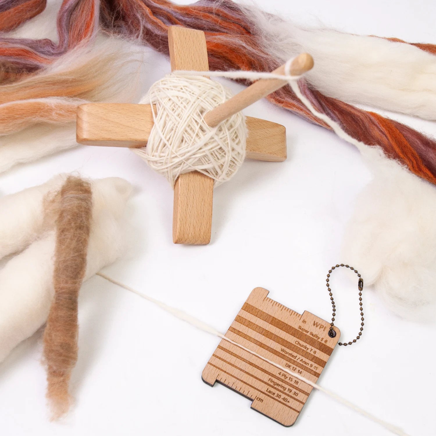 Detachable Cross-Shaped Turkish Wooden Spindle Set Hand-Spinning Yarn Kit with 50g Wool Roving & Yarn Gauge Beginner-Friendly Peaceful Pleasures Health and Wellness