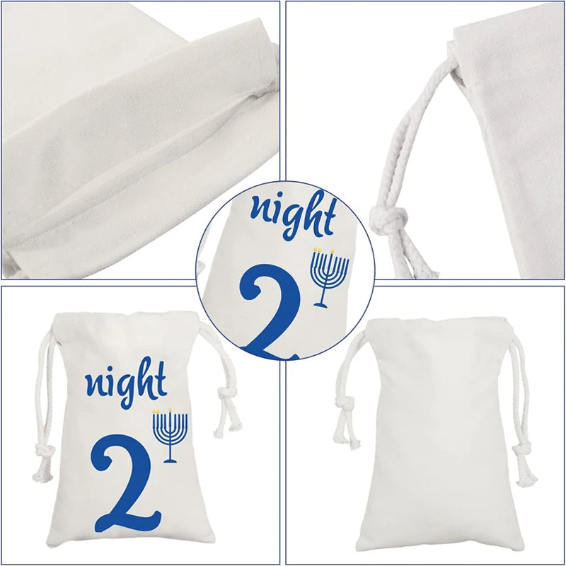 8-Piece Hanukkah Countdown Gift Bags | Candlestick Design Pouches Holiday Gift Bags Peaceful Pleasures Health and Wellness