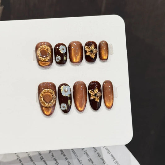 Handmade 3D Flowers Press on Nails Decor Velvet Cat's Eye Fake Nails for Women Girl Wearable Brown Gold Retro False Nails Short Peaceful Pleasures Health and Wellness