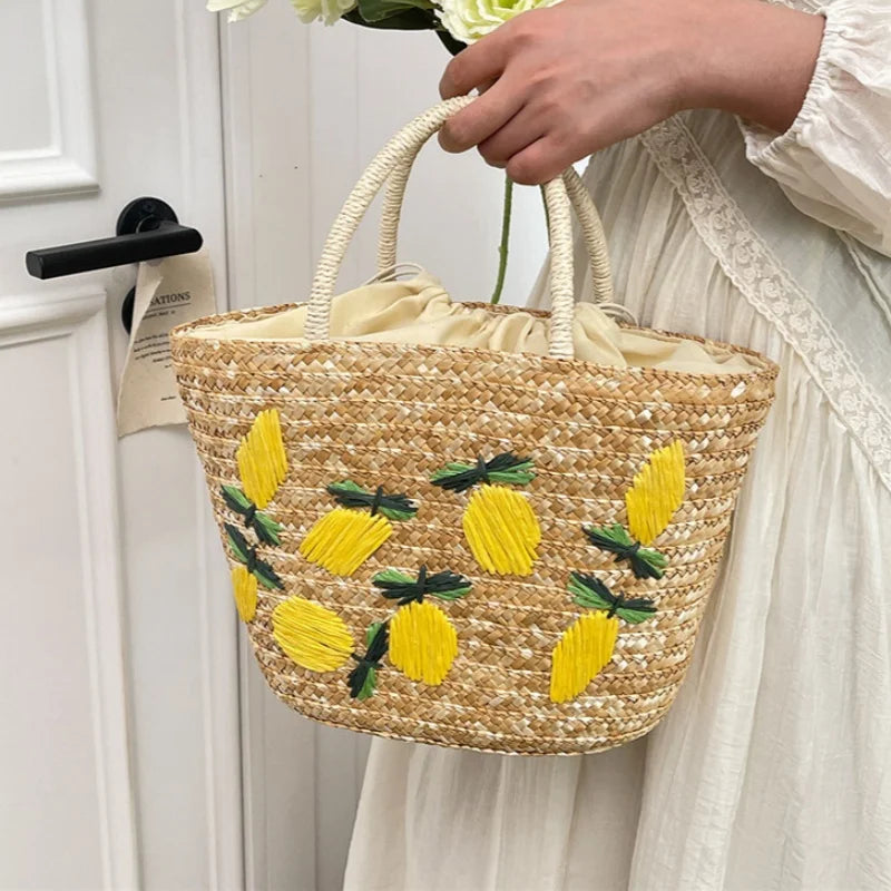Bohemian Embroidery Straw Beach Tote Bag | Large Woven Shoulder Woven Straw Tote Bag Peaceful Pleasures Health and Wellness Lemon