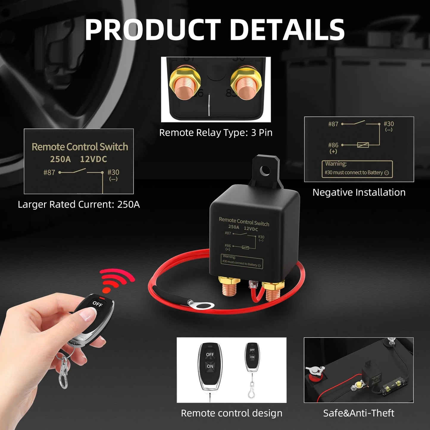Kill Switch for Car 12V Remote Battery Disconnect Switch 250A Anti-Theft Remote Control Switch with Two Wireless Remote Control Peaceful Pleasures Health and Wellness