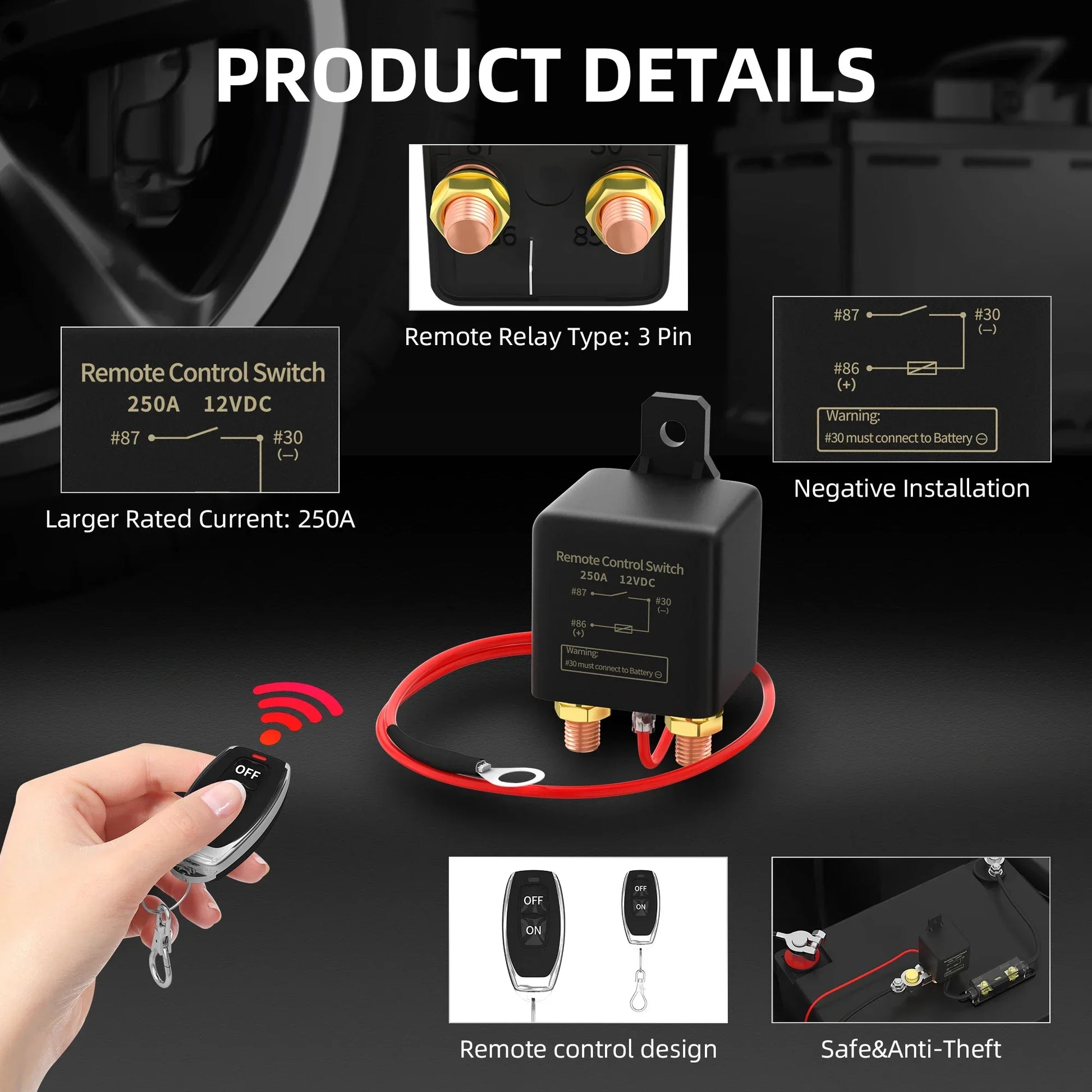 Kill Switch for Car 12V Remote Battery Disconnect Switch 250A Anti-Theft Remote Control Switch with Two Wireless Remote Control Peaceful Pleasures Health and Wellness