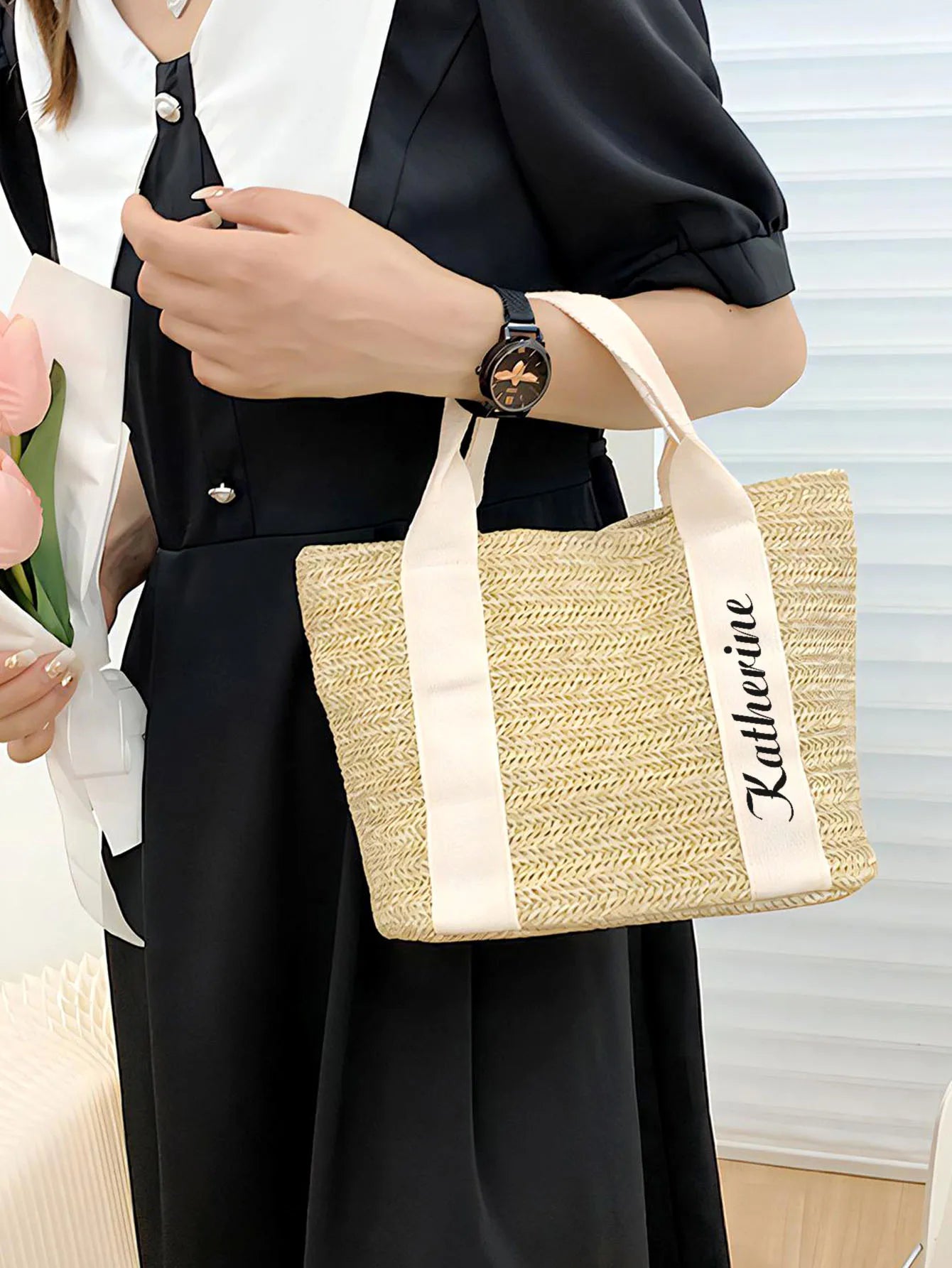 1pc Custom Name Handbag Personalized Tote Bag Woven Shoulder Bag Reusable Grocery Bag Gift for Mom Her Girlfriend Wife Birthday Peaceful Pleasures Health and Wellness