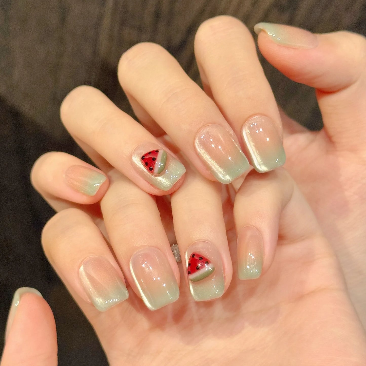 10pcs Handmade Press on Nails Summer Pink Green Cat Eye Fake Nails Women Wearable Reusable Cute Watermelon Design False Nails Peaceful Pleasures Health and Wellness XS