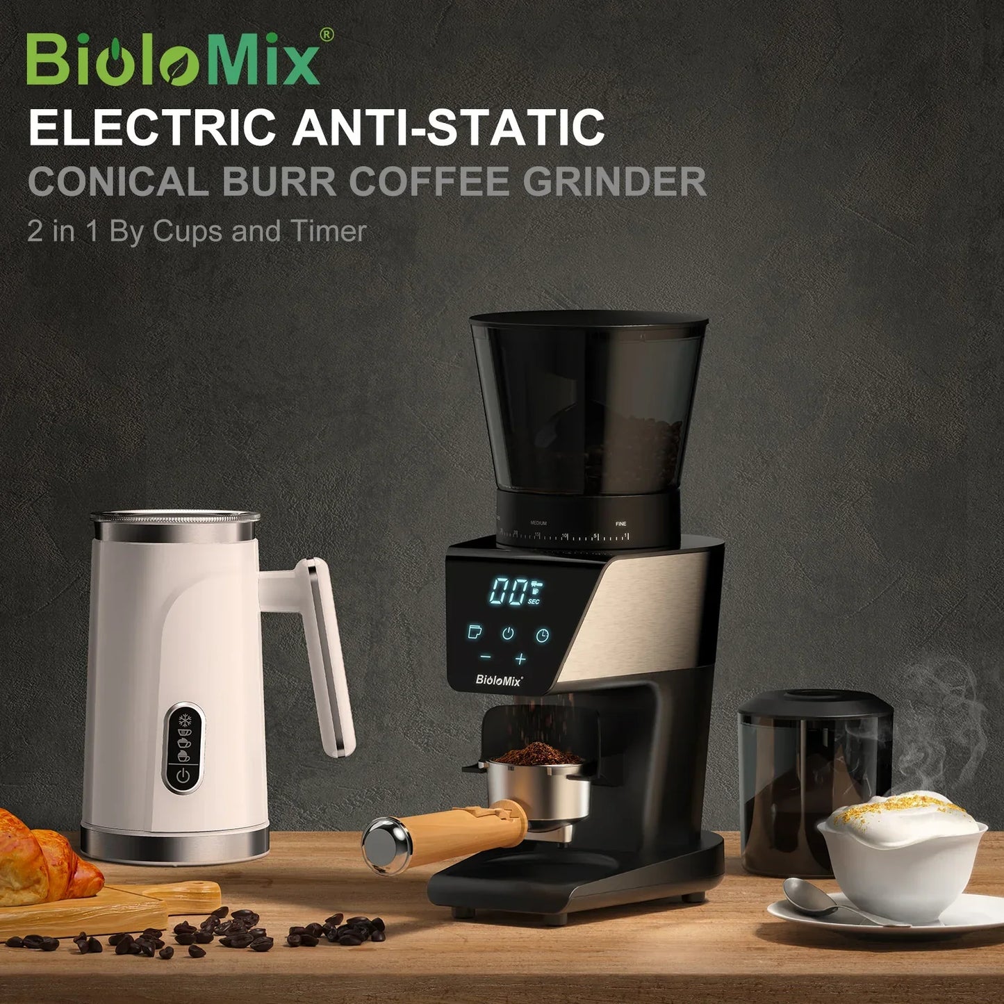 BioloMix Burr Coffee Grinder – 30 Grind Settings, LCD, 300W Coffee Grinder BioloMix