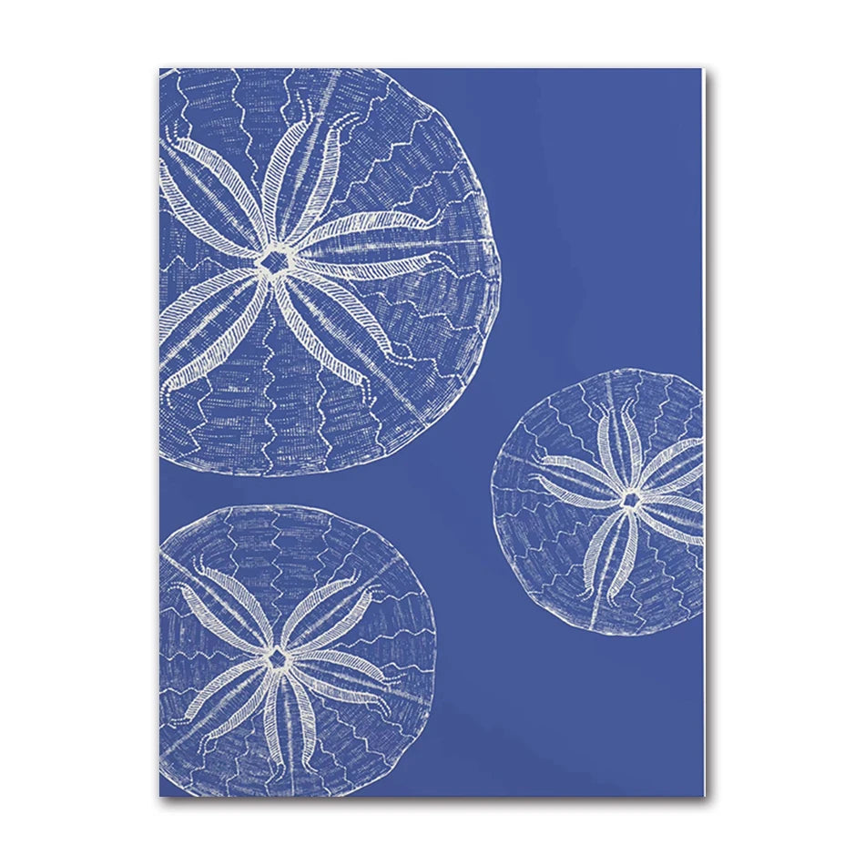 Coastal Blue Beach Antique Shell Sketch Poster, Starfish Jellyfish Conch Oil Painting Print, Wall Art for Kids Room Home Decor Peaceful Pleasures Health and Wellness 82052-15 20x30cm Unframed