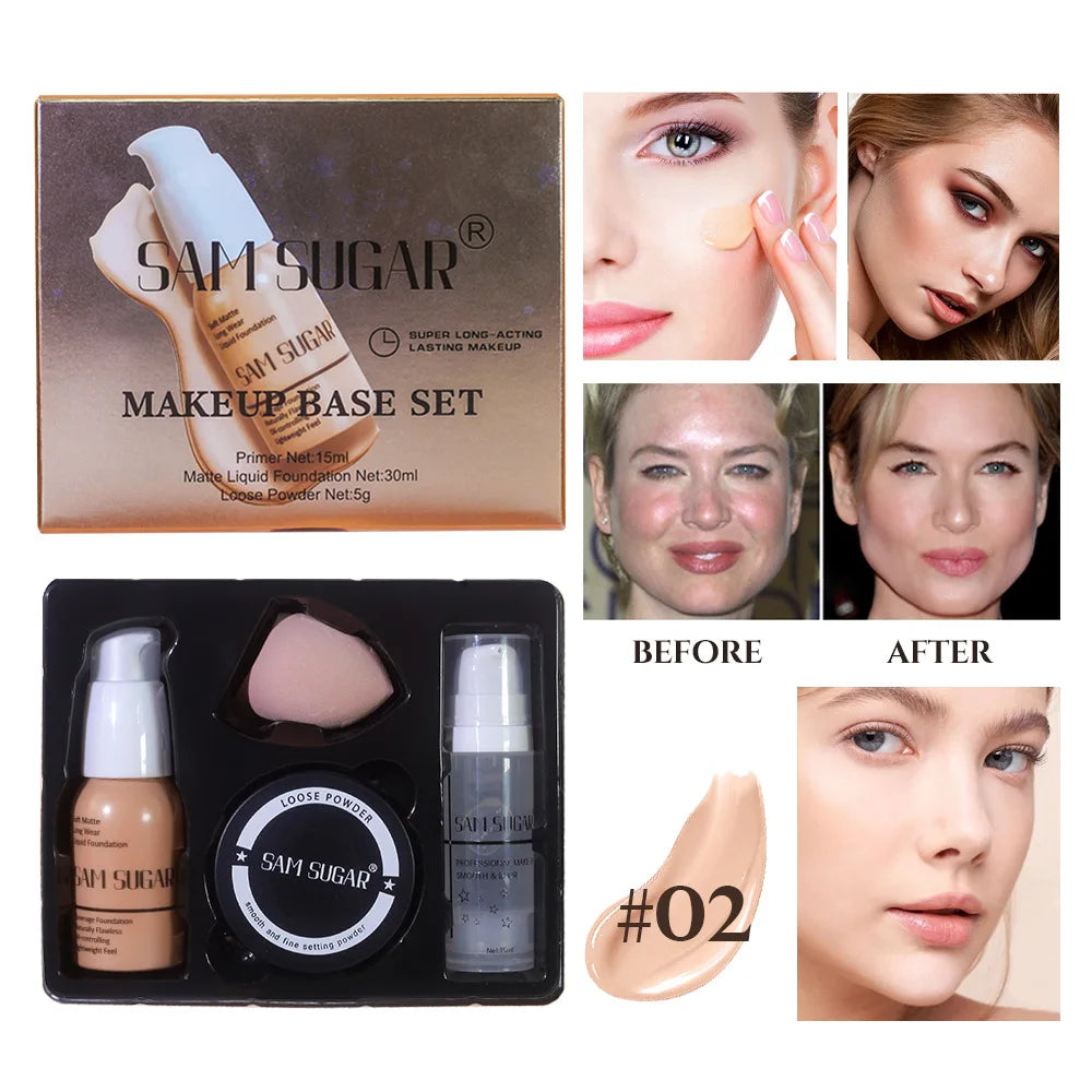SAM SUGAR Makeup Base Set – Primer, Foundation & Loose Powder