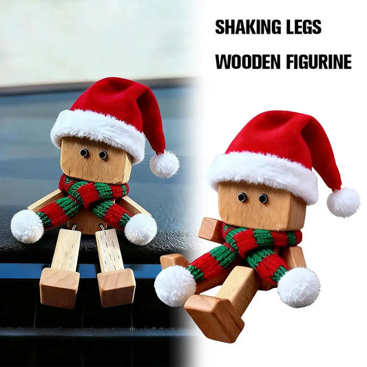 Christmas Hat Leg-swinging Robot Figurine Cute Wood Man Shaking Wooden Man Figurine With Function Of Changing Peaceful Pleasures Health and Wellness