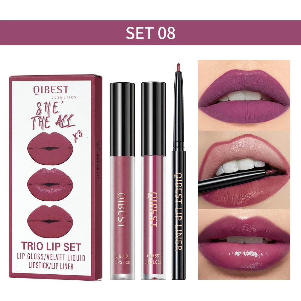 QIBEST Hots 3pcs Liquid Lipstick And Lip Liner Makeup Sets Nude Velvet Lip Gloss Lip Tint Lasting Black Lip Glaze Cosmetics Kits Peaceful Pleasures Health and Wellness SET 08
