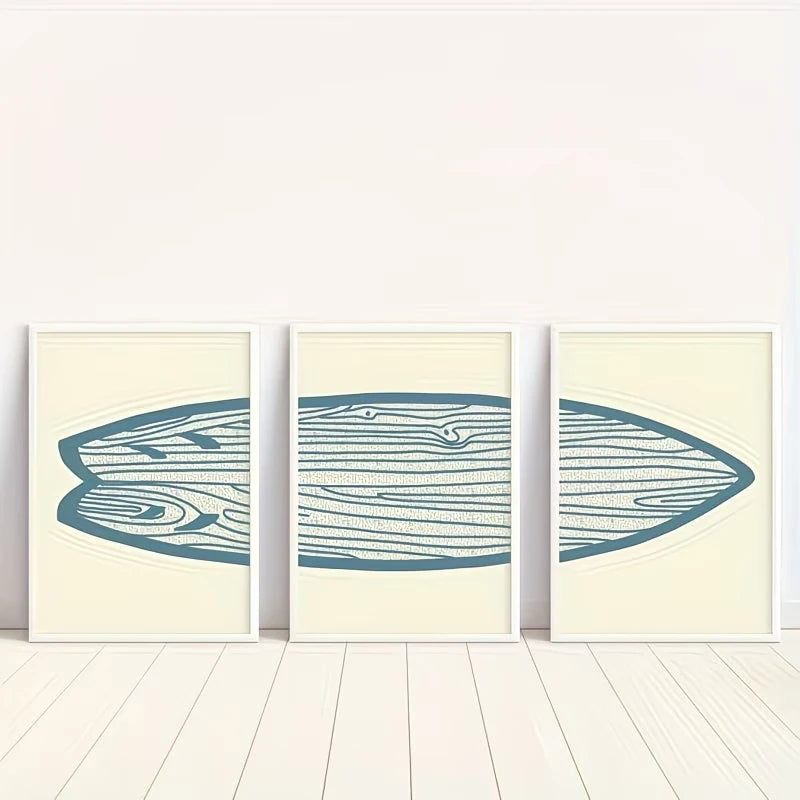 3-Piece Boho Blue Surfboard Canvas Wall Art | Bedroom Decor
