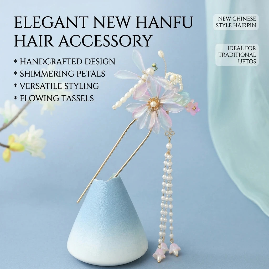 New Chinese Style Flower Tassel Hairpin for Women Alloy Metal Traditional Hanfu Hair Accessory with Secure Base Suitable for Peaceful Pleasures Health and Wellness