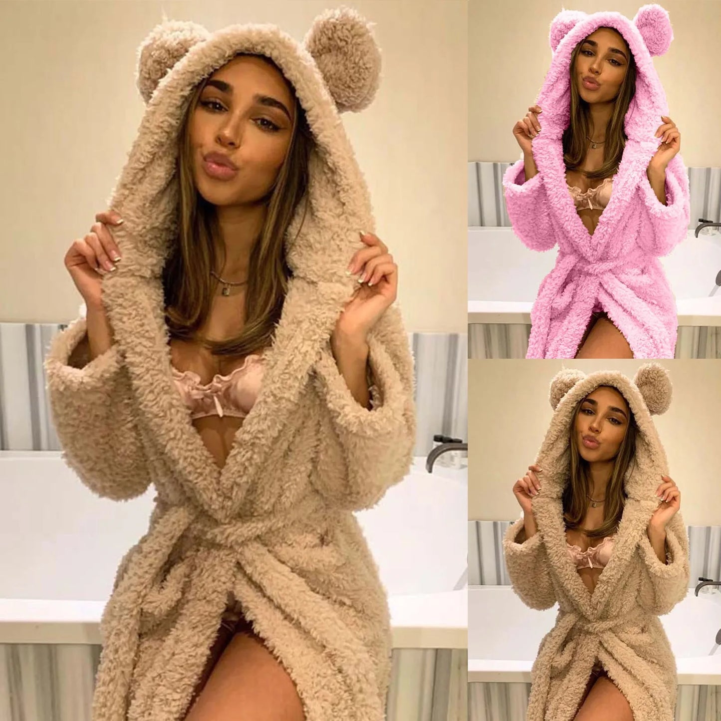 Women's Fluffy Hooded Bathrobe | Plush Winter Dressing Gown