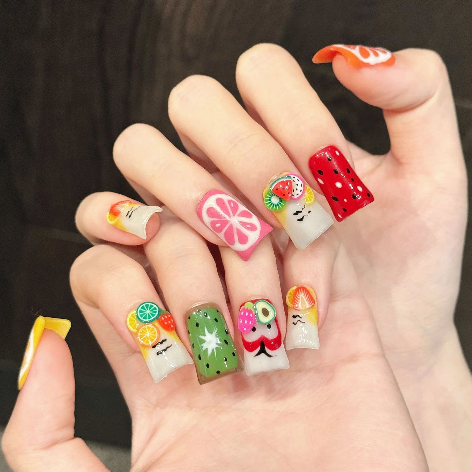 Y2k Handmade Press On Nails Hand-painted Fruit Graffiti Fake Nails With Decor Wearable Short Duckbill Dopamine Manicure Nail Art Peaceful Pleasures Health and Wellness