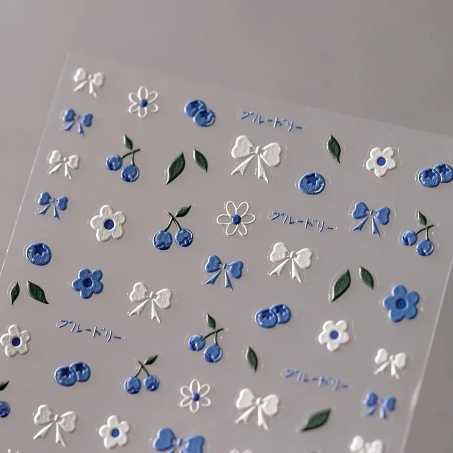 Blueberry Floral Nail Stickers | Blue White Bow Manicure Decals